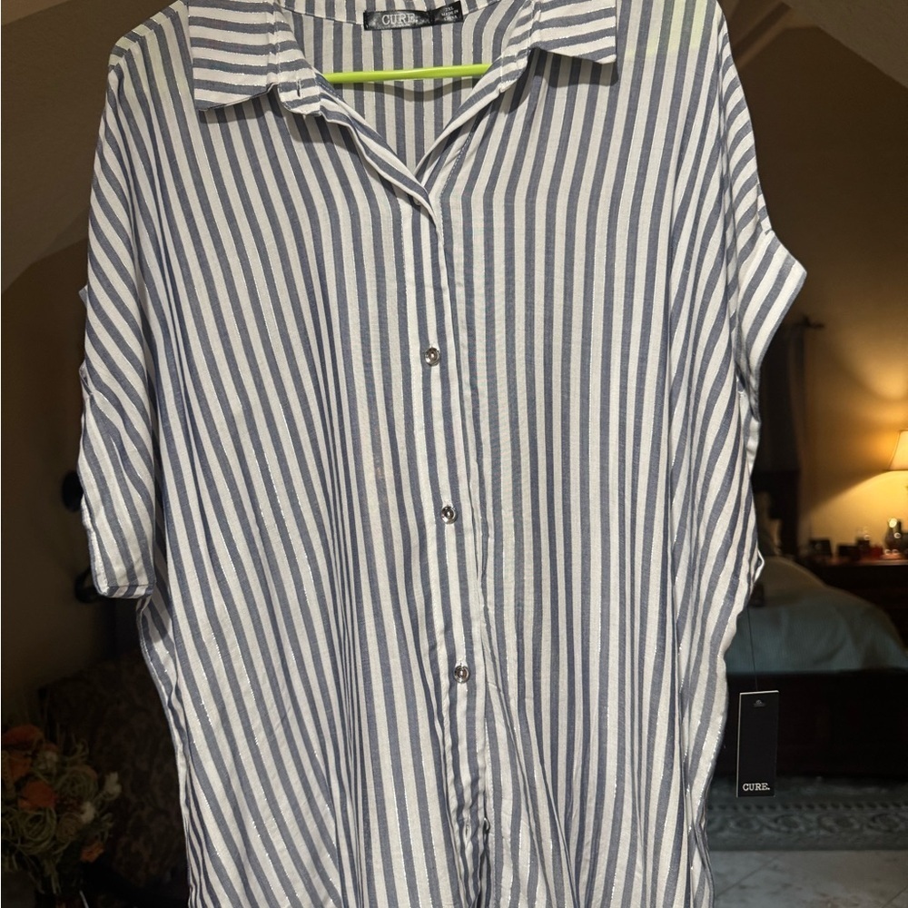 NWT Cure. Blue and White Vertical Stripe Button-Down Shirt